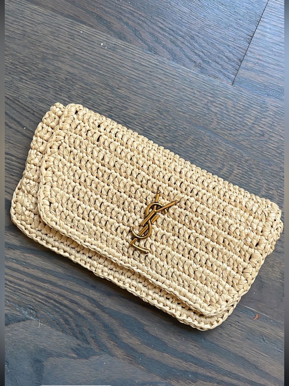 Natural Raffia Clutch with Gold Emblem